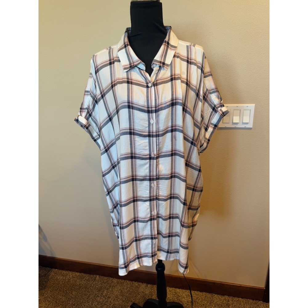Oversized Plaid Shirt Dress Short Sleeve White Black Pink